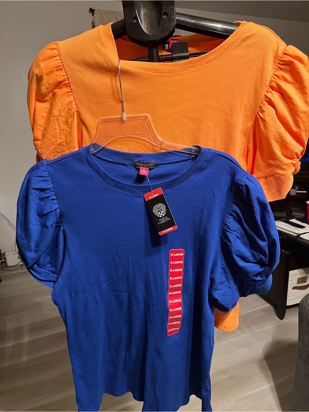 NWT 2 Vince Camuto Vibrant Orange & Blue Puff Sleeve Crew Tees